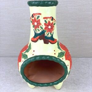 Vintage Christmas Chiminea Western Poinsettia Hand Painted Yellow Red Green RARE